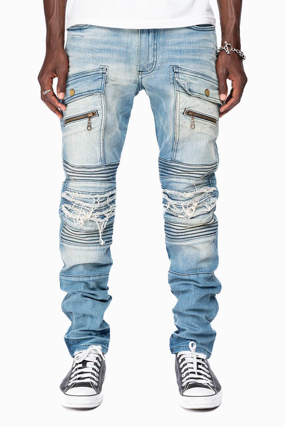 ROBINS RED LABEL MILITARY INSPIRED BIKER JEANS IN MEDIUM BLUE WASH