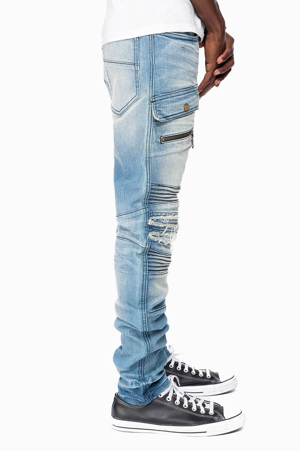 ROBINS RED LABEL MILITARY INSPIRED BIKER JEANS IN MEDIUM BLUE WASH
