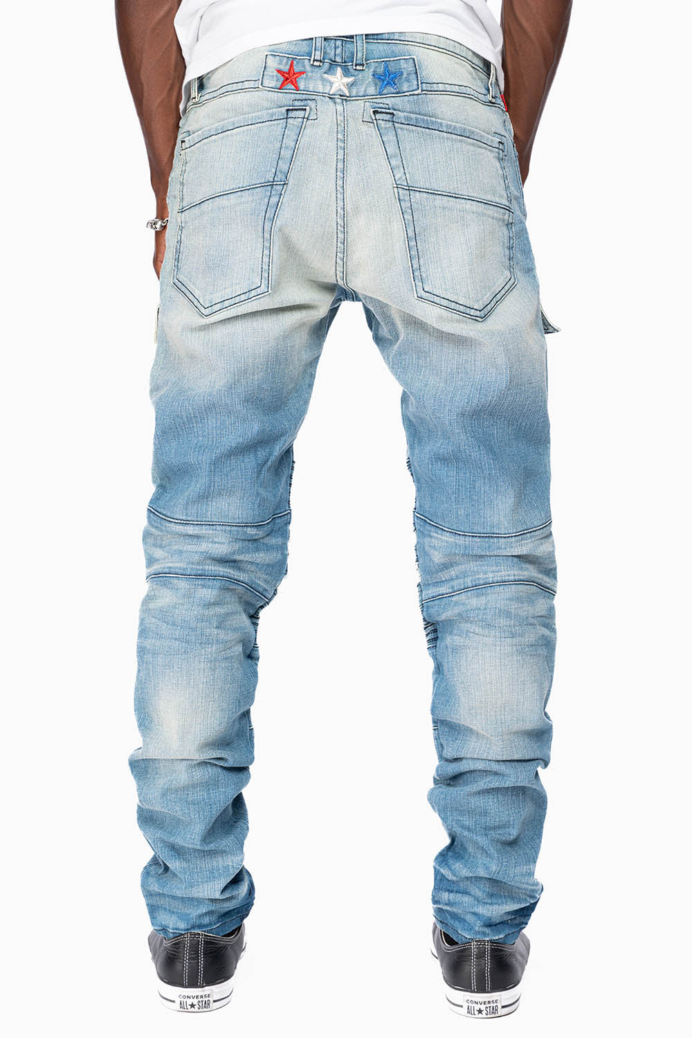 ROBINS RED LABEL MILITARY INSPIRED BIKER JEANS IN MEDIUM BLUE WASH