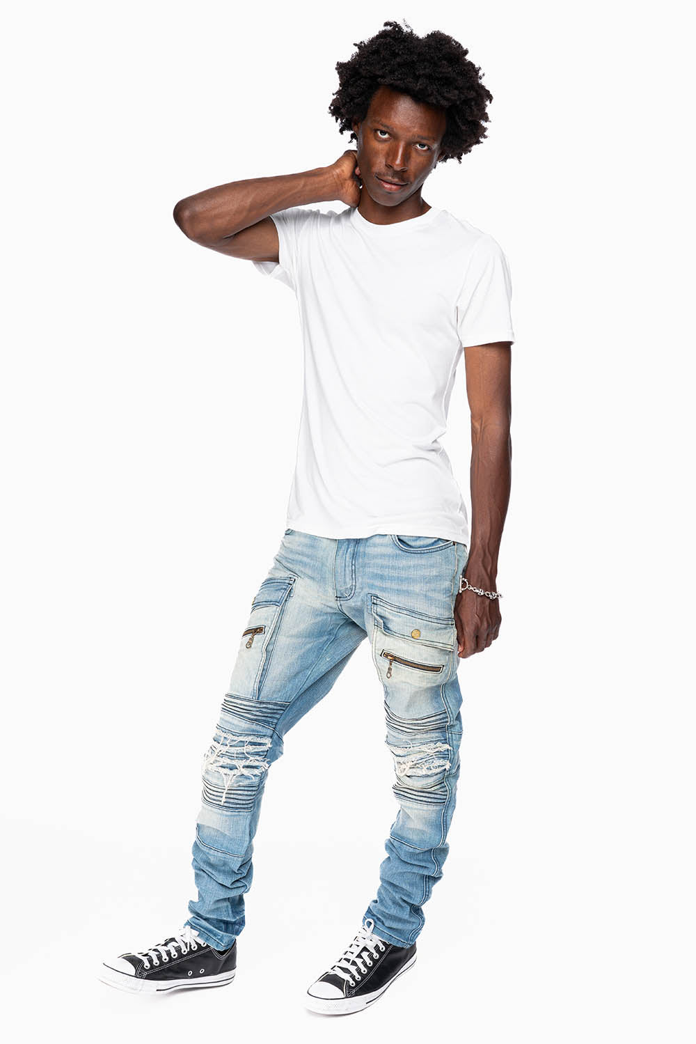 ROBINS RED LABEL MILITARY INSPIRED BIKER JEANS IN MEDIUM BLUE WASH
