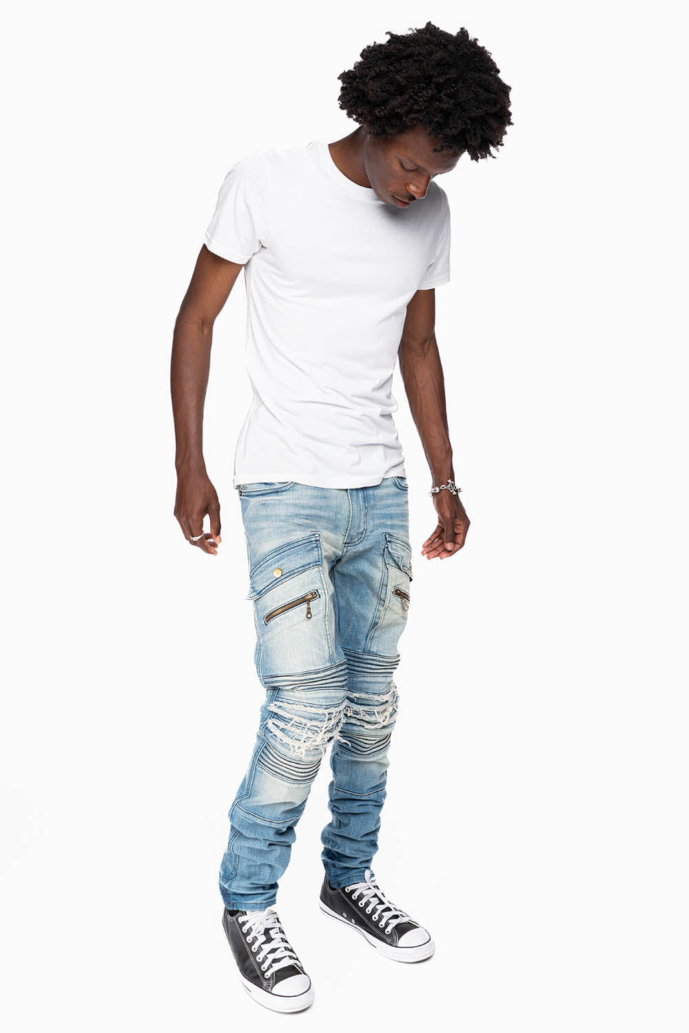 ROBINS RED LABEL MILITARY INSPIRED BIKER JEANS IN MEDIUM BLUE WASH