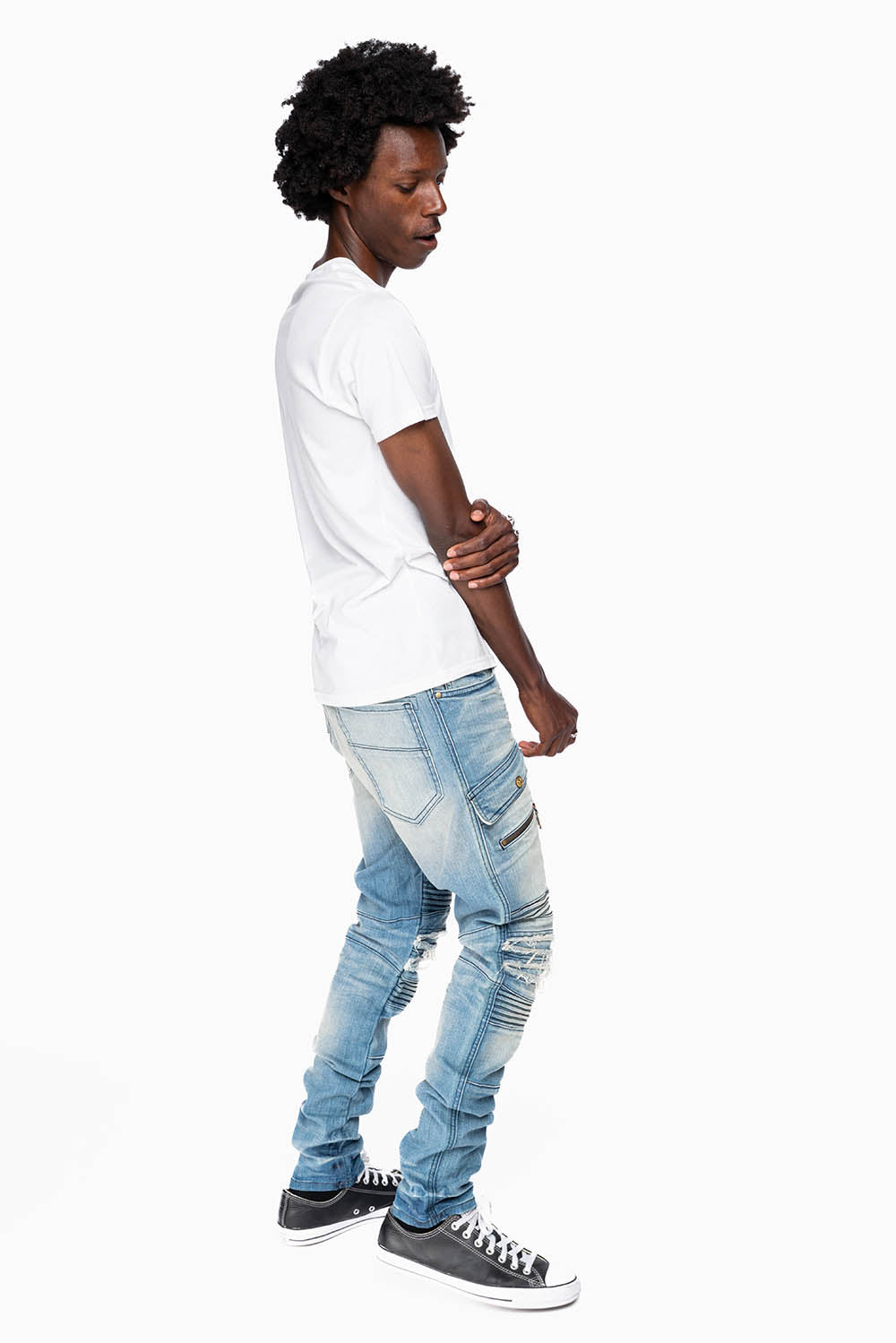 ROBINS RED LABEL MILITARY INSPIRED BIKER JEANS IN MEDIUM BLUE WASH