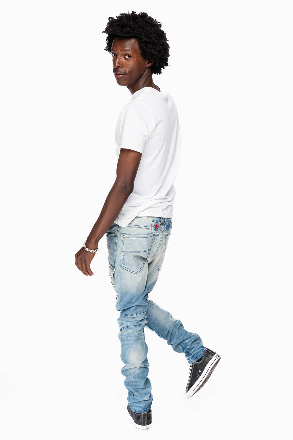 ROBINS RED LABEL MILITARY INSPIRED BIKER JEANS IN MEDIUM BLUE WASH