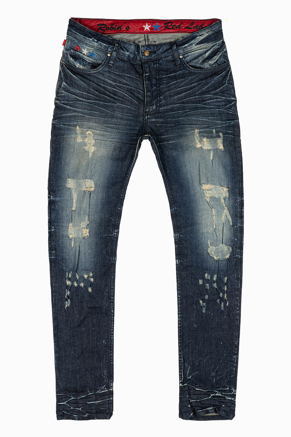 ROBINS RED LABEL LONG FLAP SLIM JEANS IN 5D DARK BROKEN WASH WITH RED & BLUE CRYSTALS AND NAILHEAD