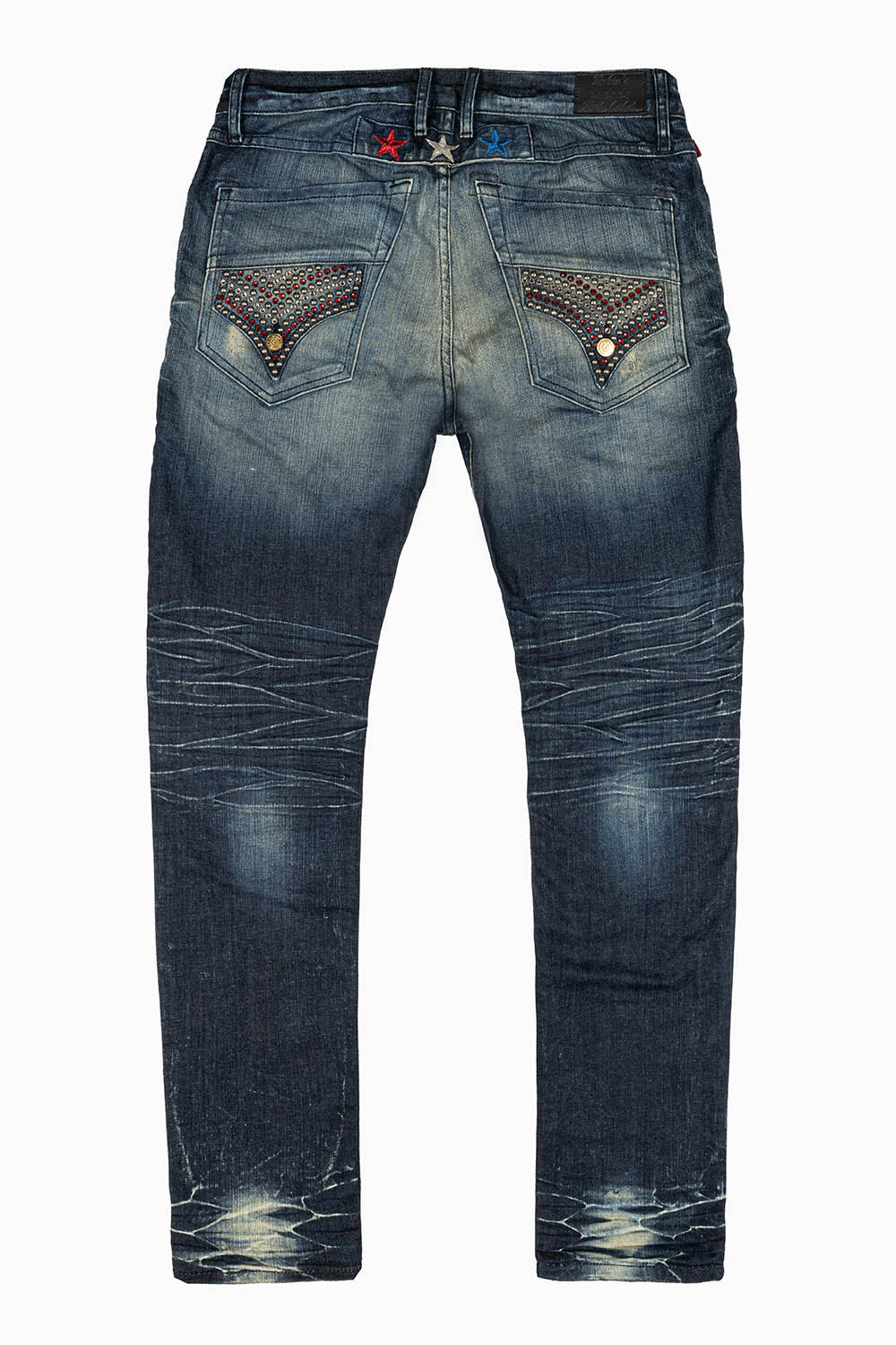 ROBINS RED LABEL LONG FLAP SLIM JEANS IN 5D DARK BROKEN WASH WITH RED & BLUE CRYSTALS AND NAILHEAD