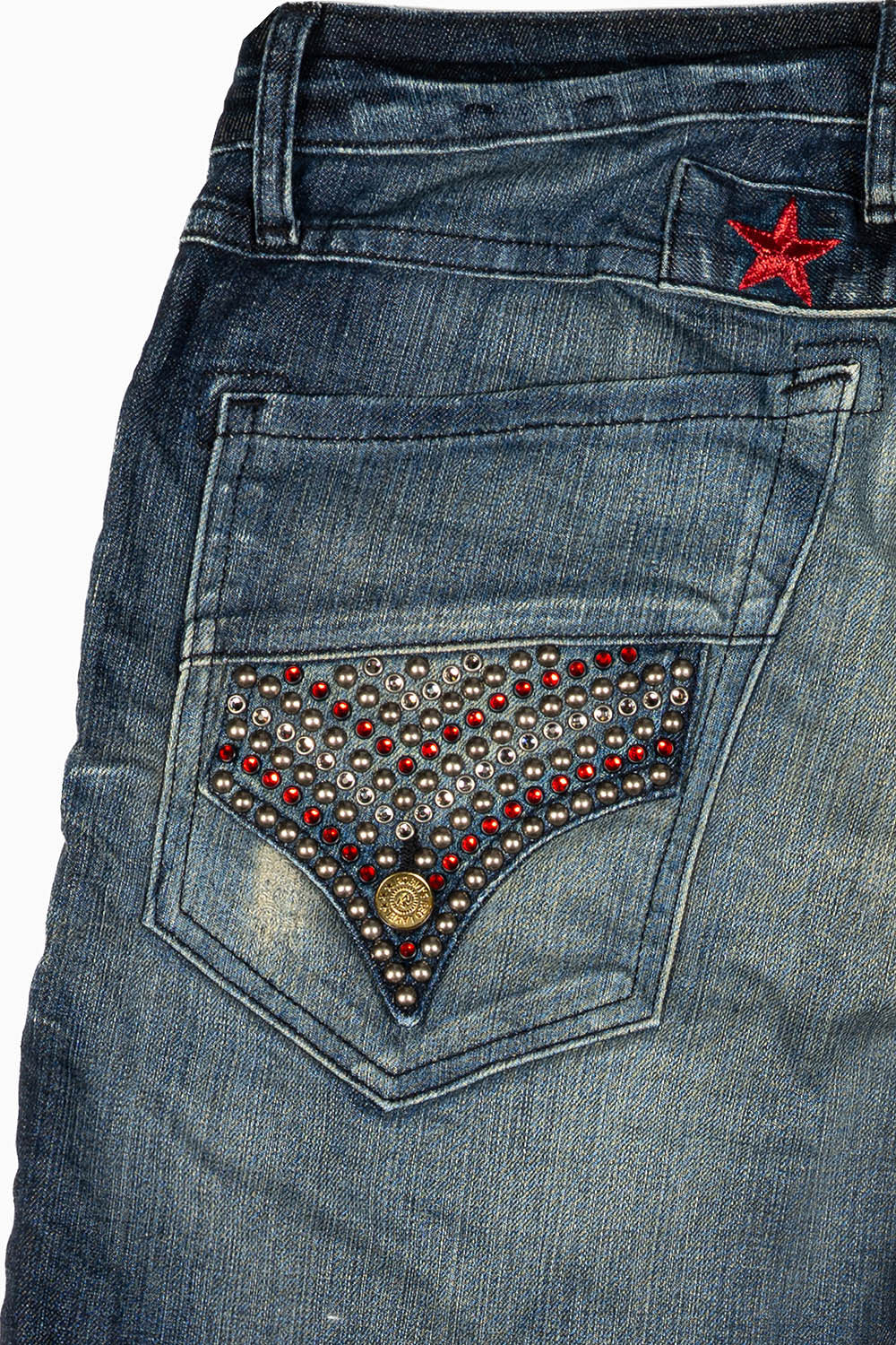 ROBINS RED LABEL LONG FLAP SLIM JEANS IN 5D DARK BROKEN WASH WITH RED & BLUE CRYSTALS AND NAILHEAD