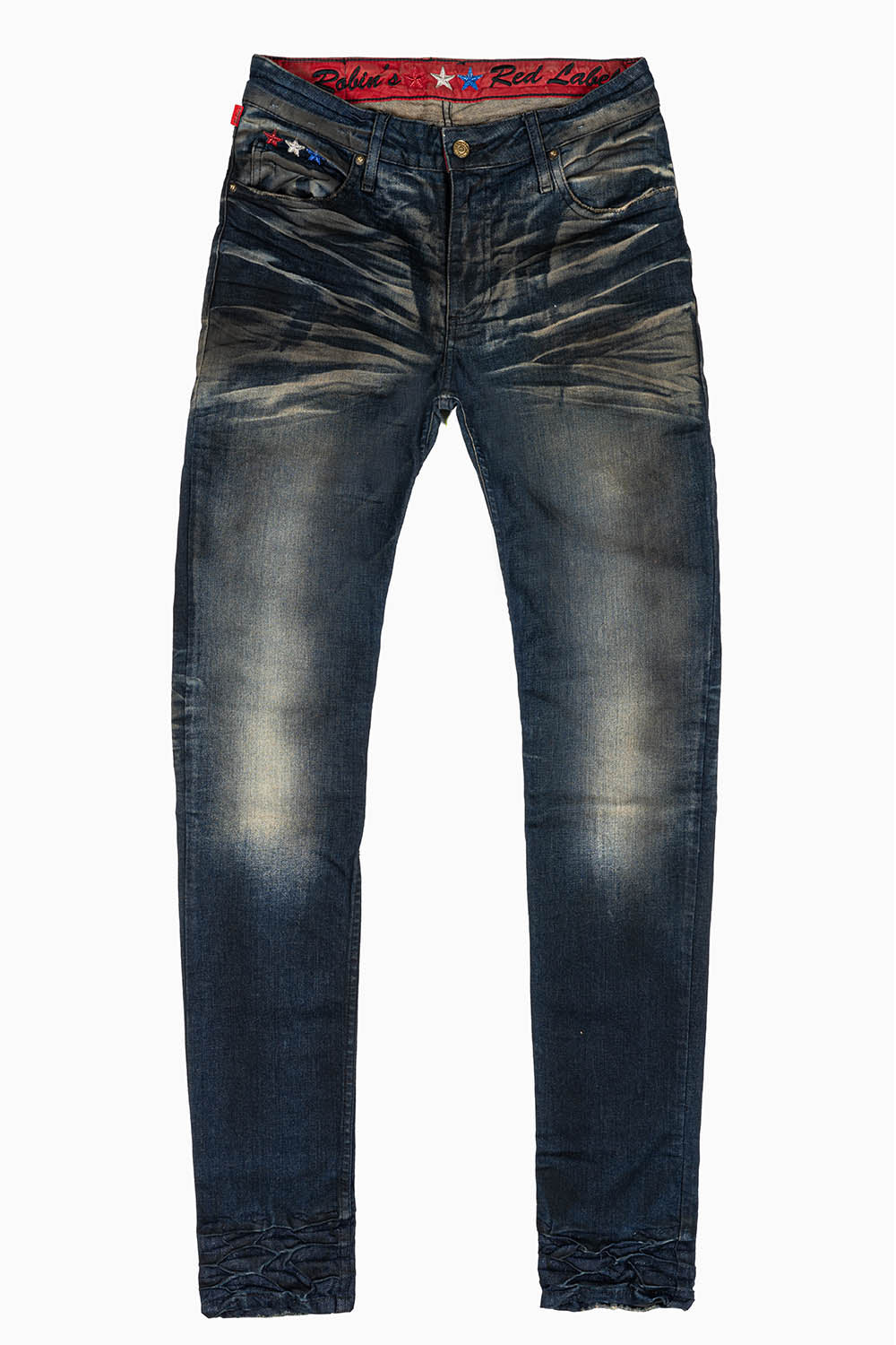 ROBINS RED LABEL LONG FLAP SLIM JEANS IN TAR WASH WASH WITH CRYSTAL AND NAILHEAD