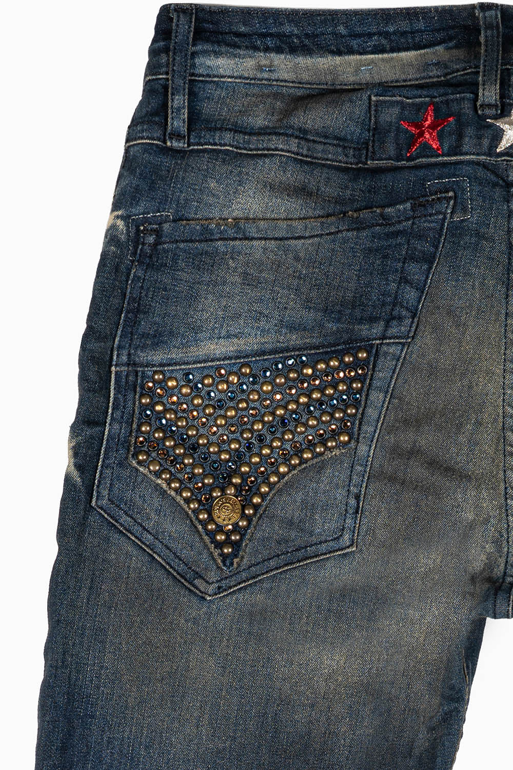 ROBINS RED LABEL LONG FLAP SLIM JEANS IN TAR WASH WASH WITH CRYSTAL AND NAILHEAD