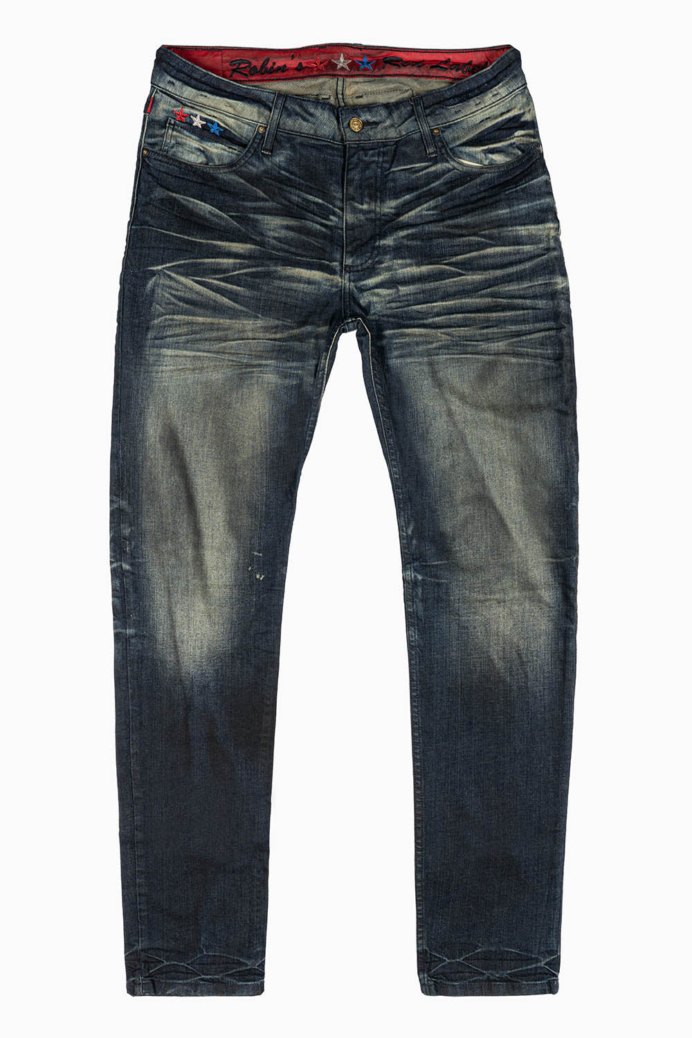 ROBINS RED LABEL LONG FLAP SLIM JEANS IN TAR WASH WASH WITH RED & BLUE CRYSTALS AND NAILHEAD