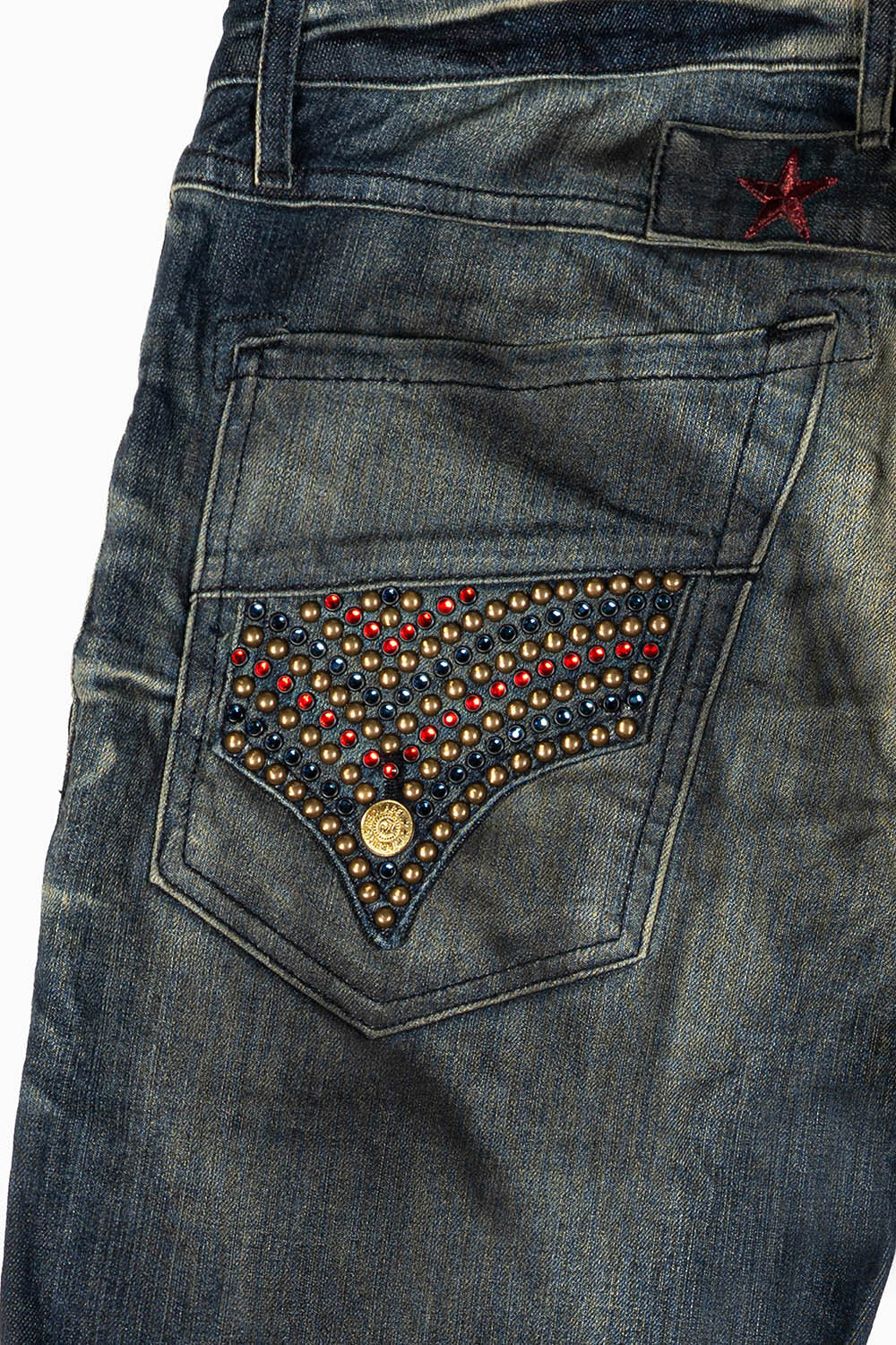 ROBINS RED LABEL LONG FLAP SLIM JEANS IN TAR WASH WASH WITH RED & BLUE CRYSTALS AND NAILHEAD