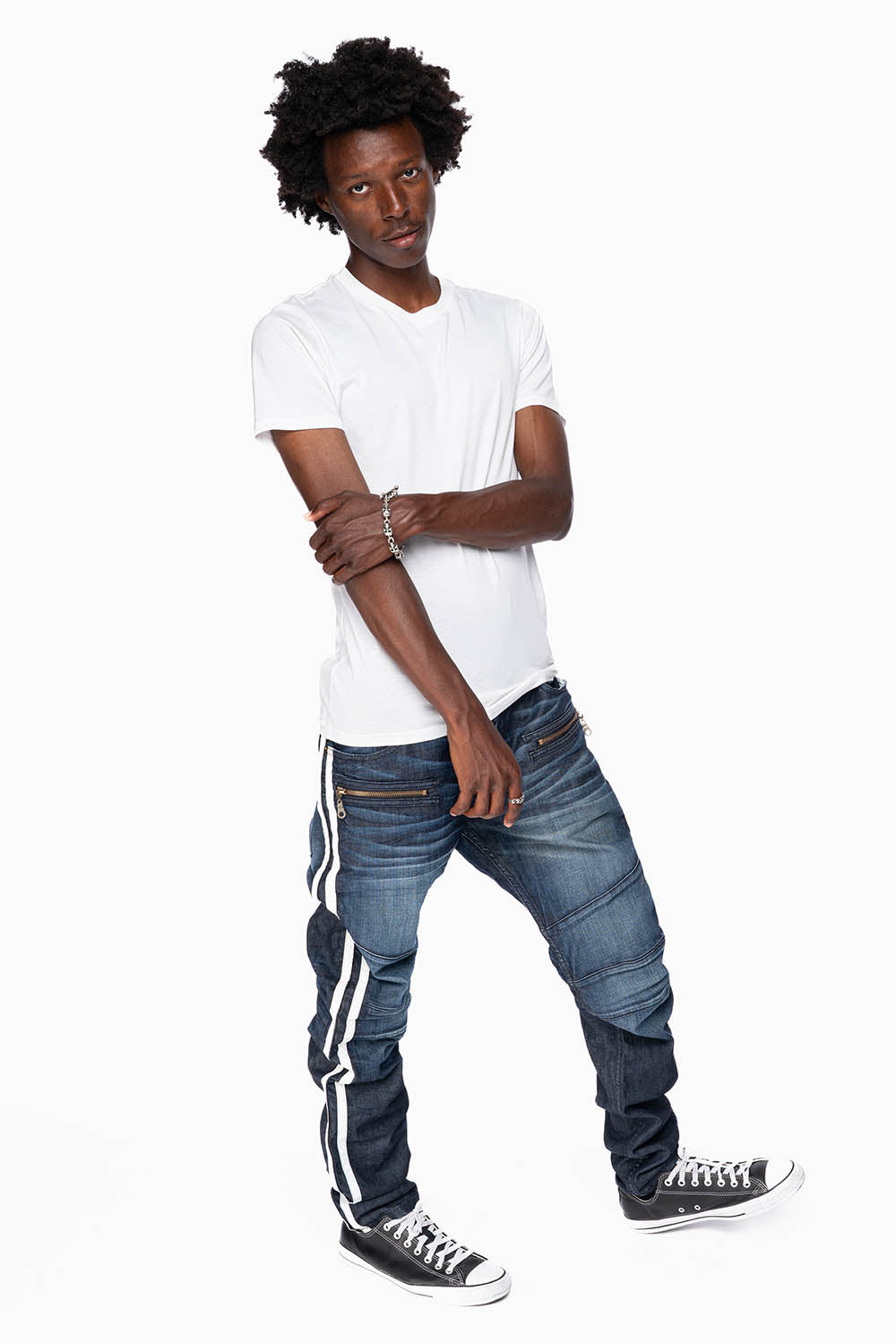 ROBINS RED LABEL CLASSIC BIKER STYLE DENIM WITH STRIPES IN DARK BLUE WASH