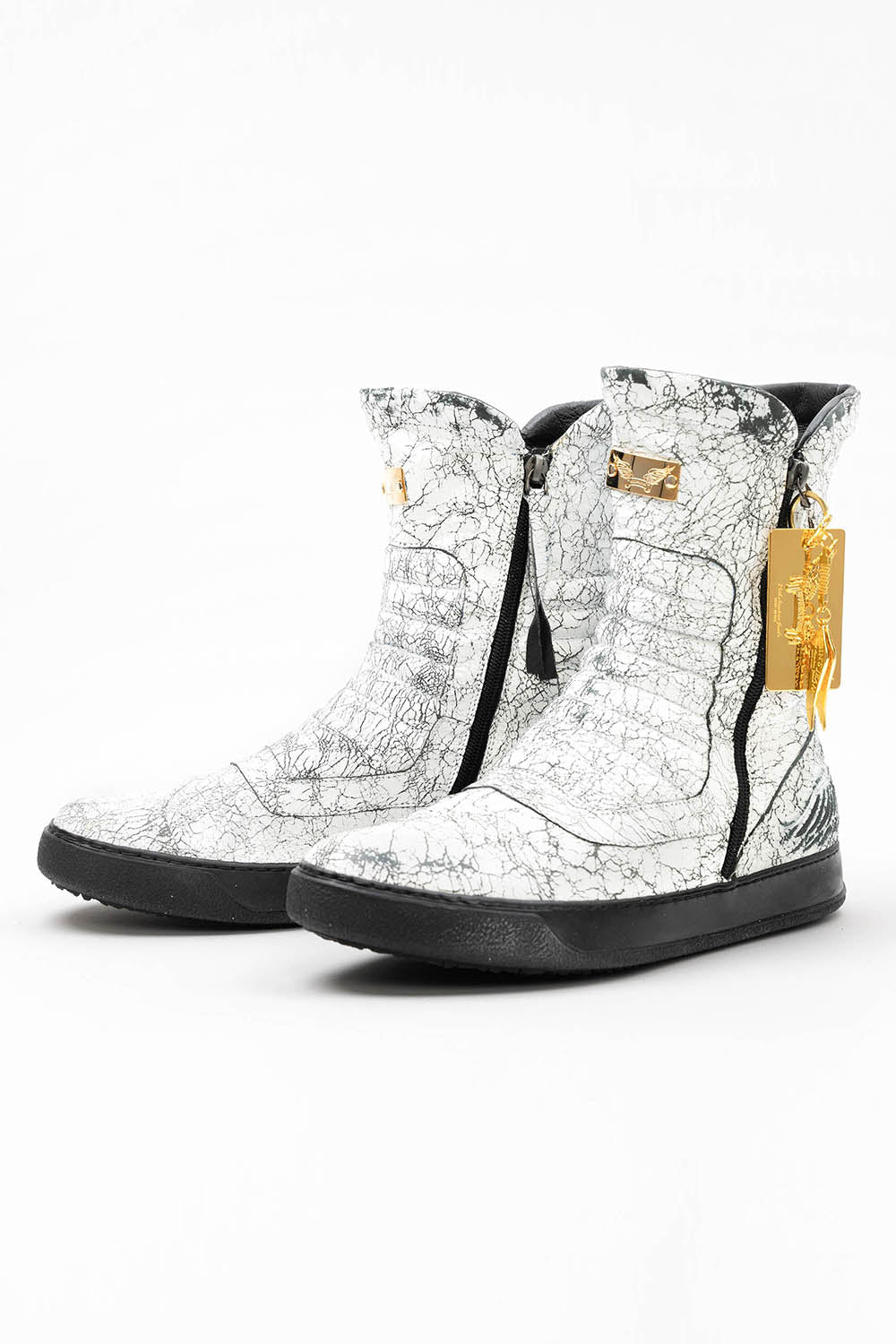 MENS HIGH TOP BIKER SHOES IN CRACKLED WHITE