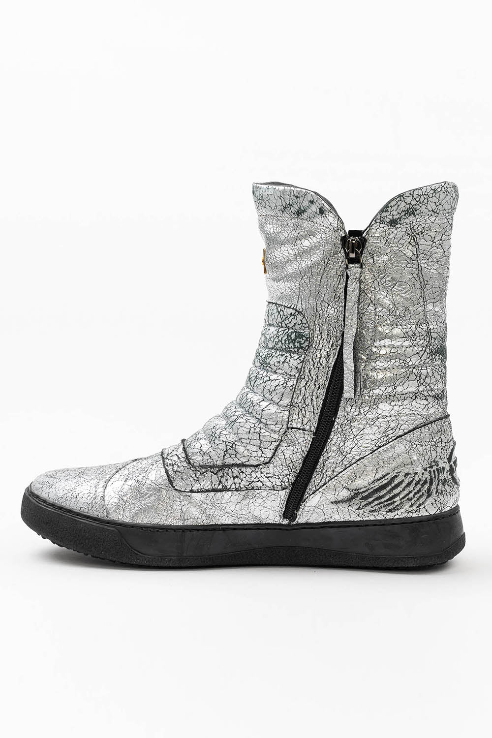 MENS HIGH TOP BIKER SHOES IN CRACKLED SILVER