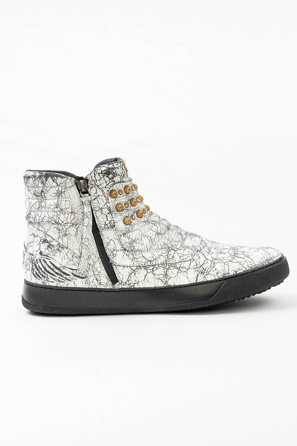 MENS MID TOP BIKER SHOES IN CRACKLED WHITE LEATHER WITH CRYSTALS AND STUDS