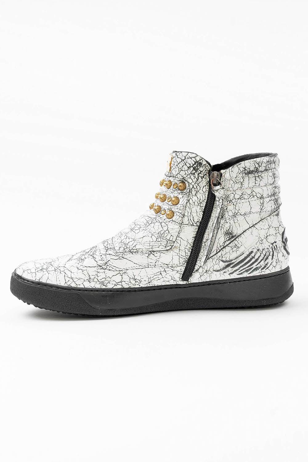 MENS MID TOP BIKER SHOES IN CRACKLED WHITE LEATHER WITH CRYSTALS AND STUDS