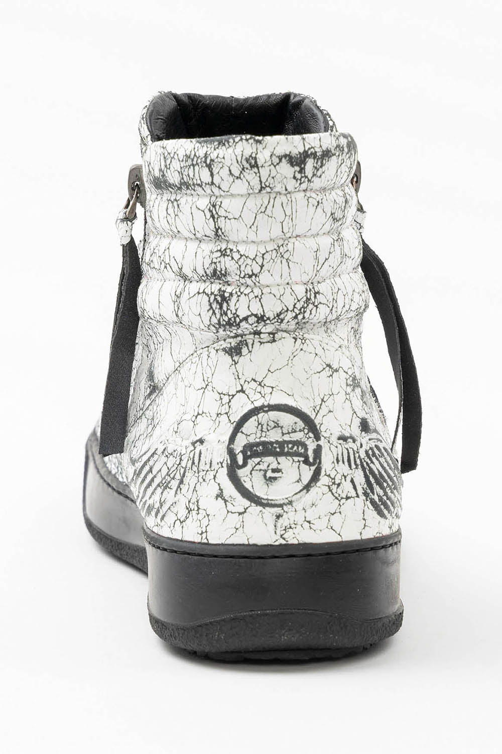 MENS MID TOP BIKER SHOES IN CRACKLED WHITE LEATHER WITH CRYSTALS AND STUDS