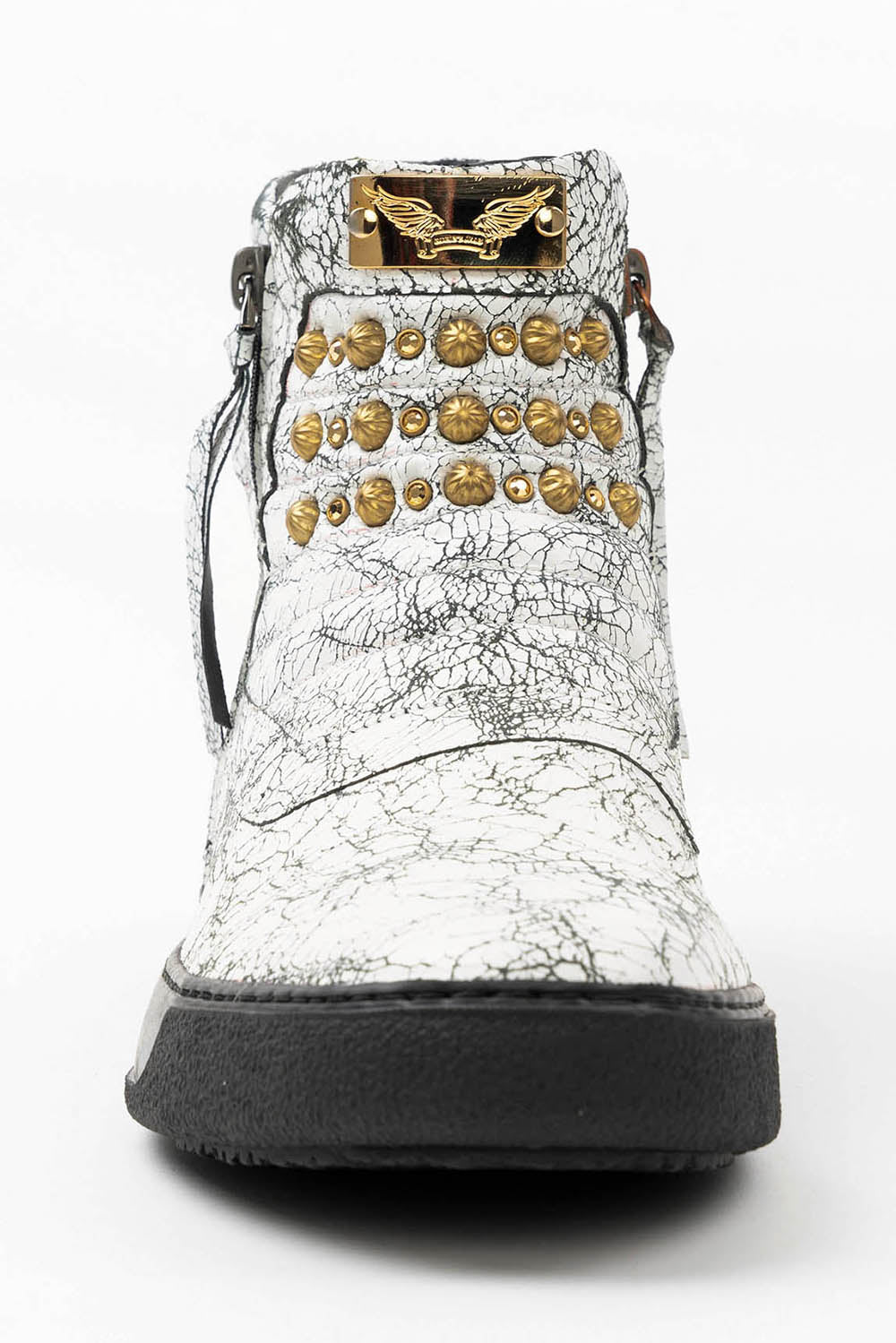 MENS MID TOP BIKER SHOES IN CRACKLED WHITE LEATHER WITH CRYSTALS AND STUDS