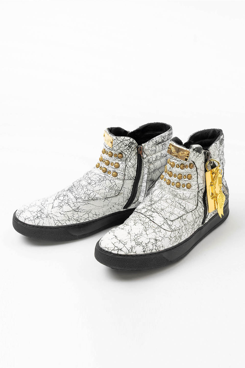 MENS MID TOP BIKER SHOES IN CRACKLED WHITE LEATHER WITH CRYSTALS AND STUDS
