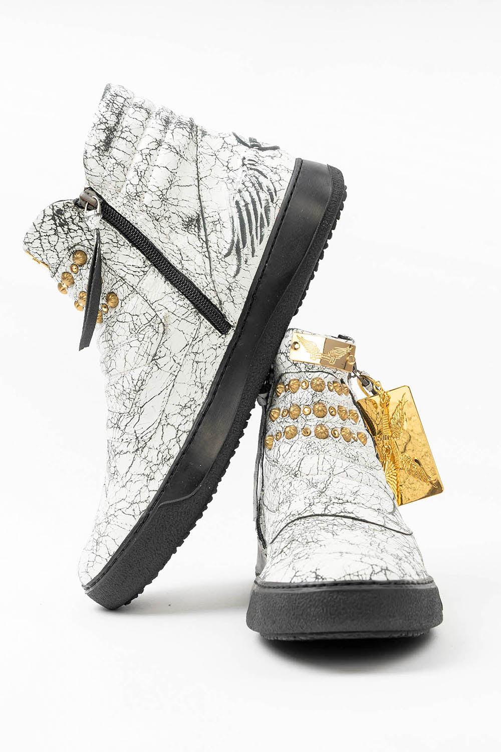 MENS MID TOP BIKER SHOES IN CRACKLED WHITE LEATHER WITH CRYSTALS AND STUDS