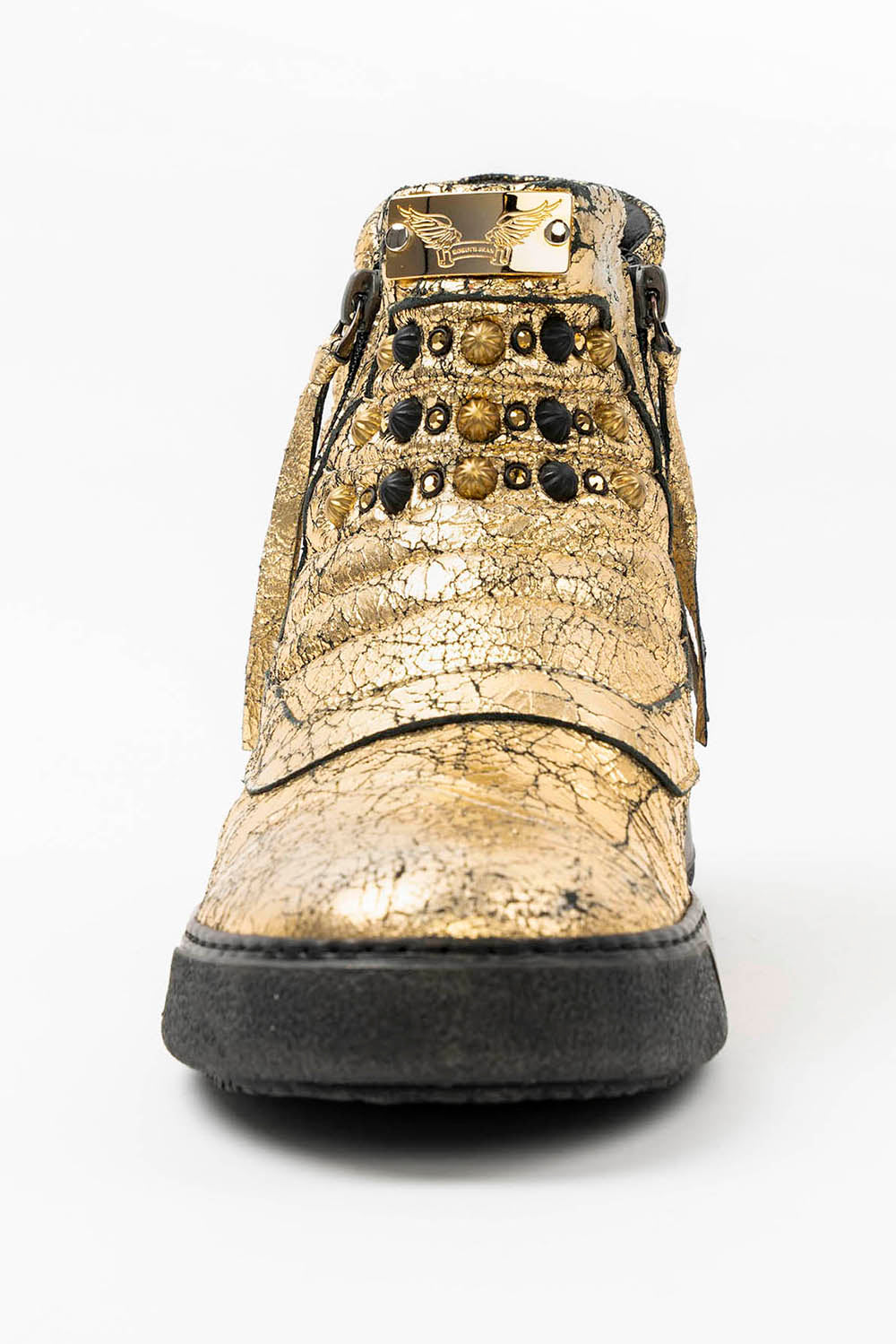 MENS MID TOP BIKER SHOES IN CRACKLED GOLD LEATHER WITH CRYSTALS AND STUDS