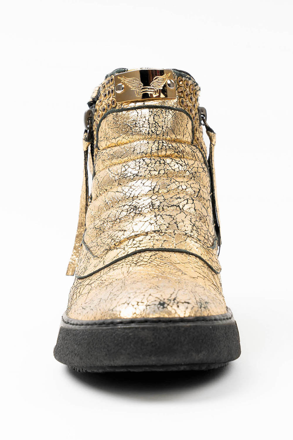 MENS MID TOP BIKER SHOES IN CRACKLED GOLD LEATHER WITH CRYSTALS