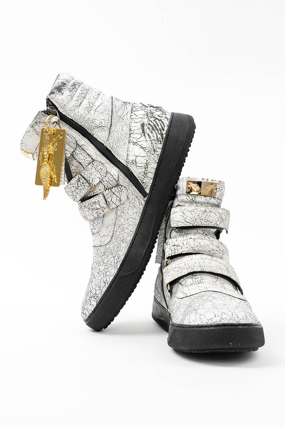 MENS HIGH TOP VELCRO SHOES IN CRACKLED WHITE