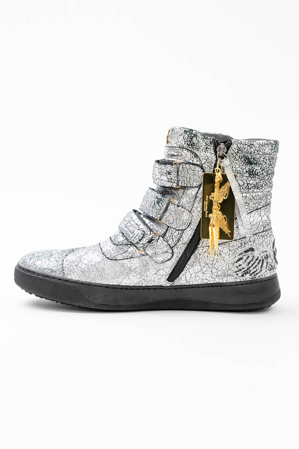 MENS HIGH TOP VELCRO SHOES IN CRACKLED SILVER