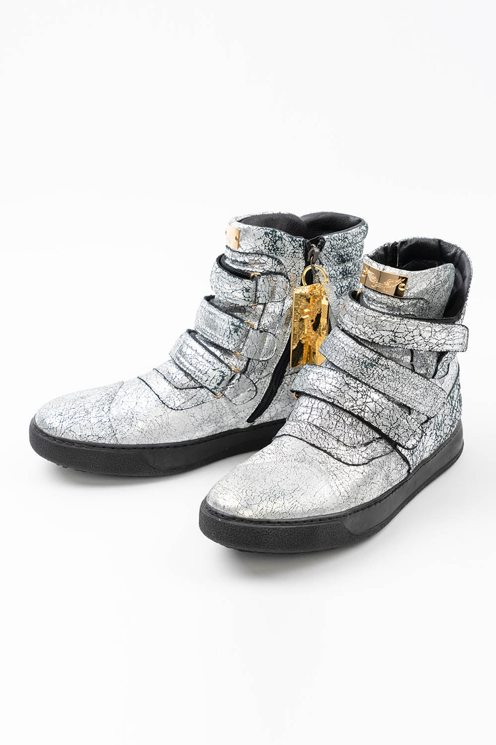 MENS HIGH TOP VELCRO SHOES IN CRACKLED SILVER