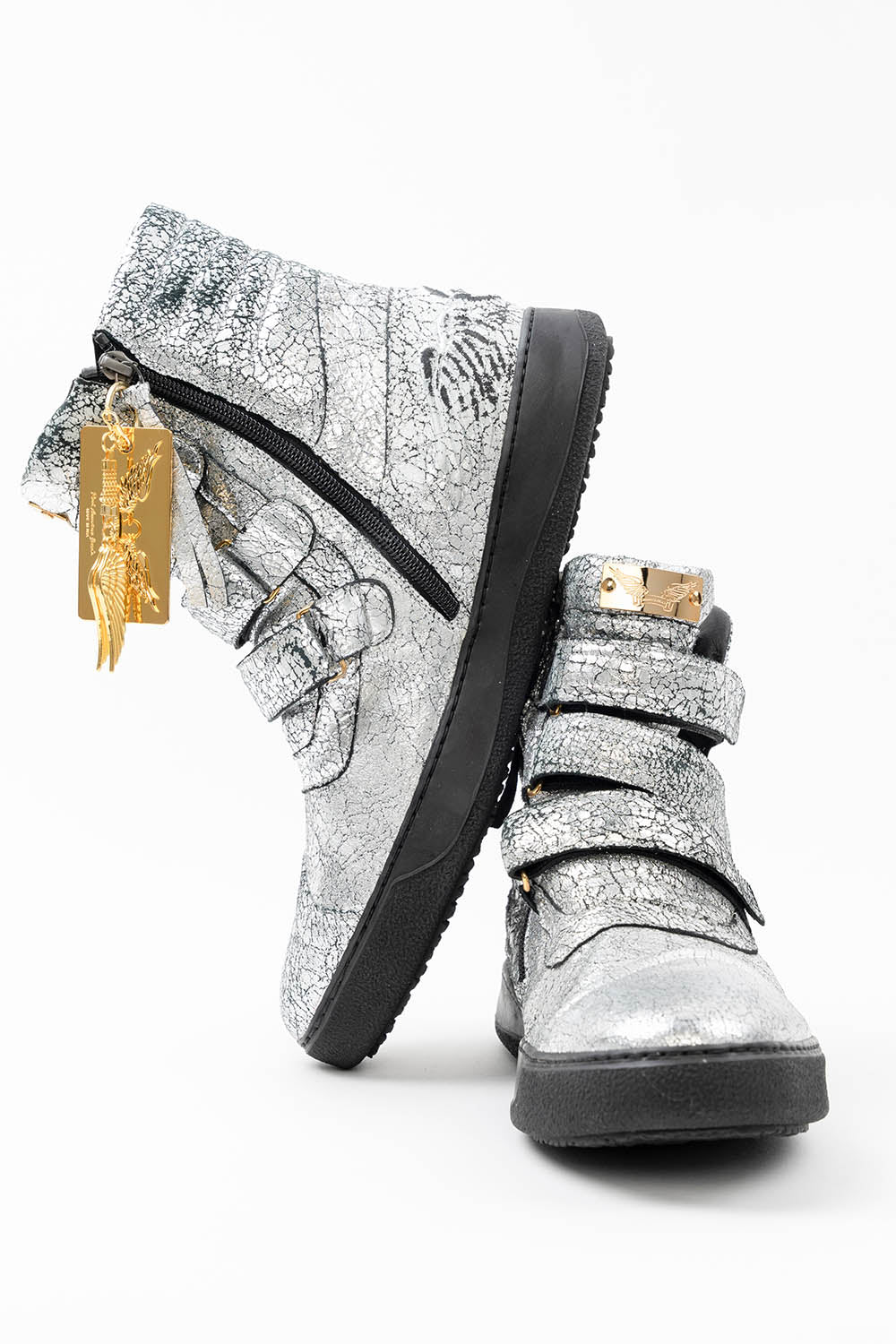 MENS HIGH TOP VELCRO SHOES IN CRACKLED SILVER