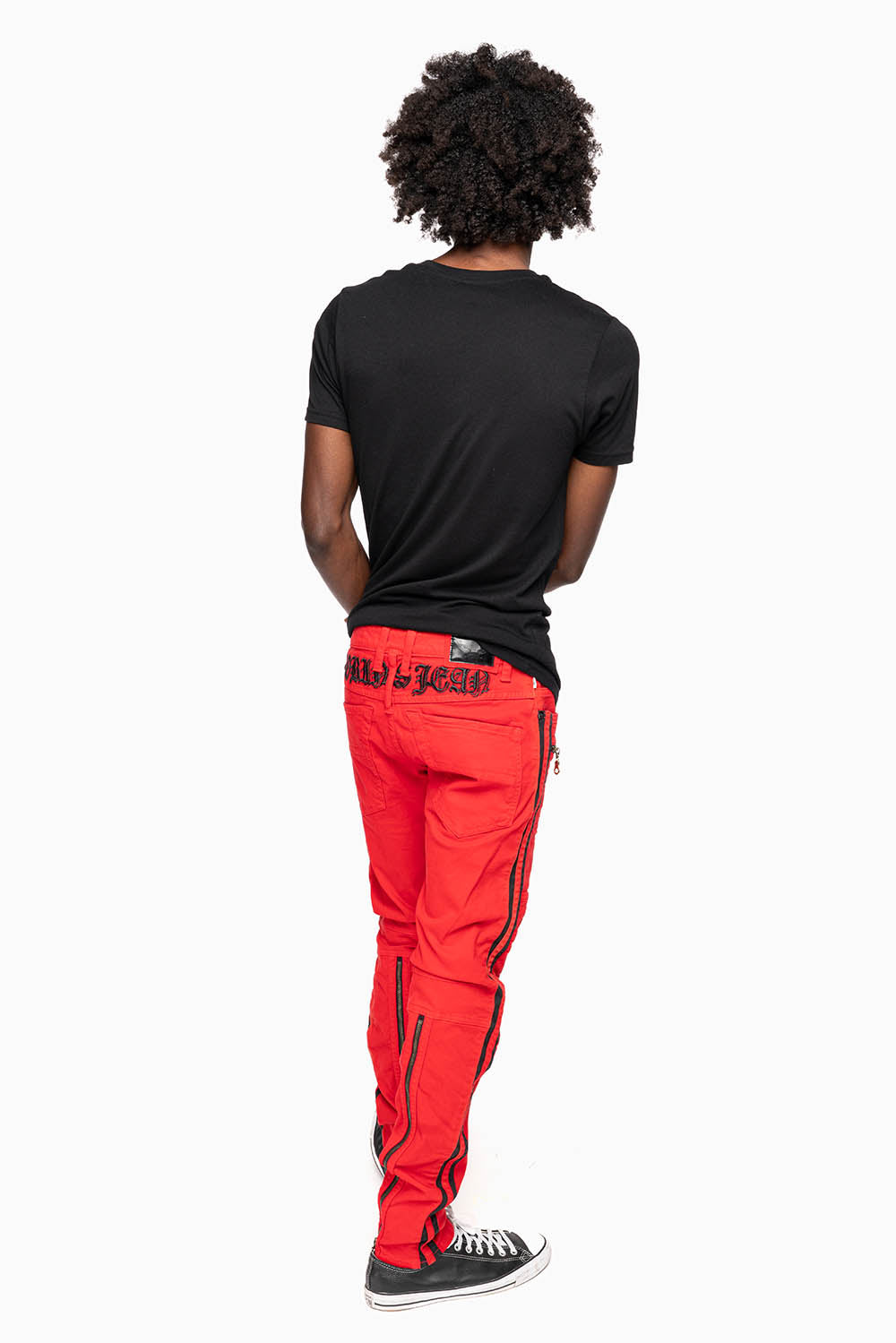 MENS BIKER JEANS IN RED SP FABRIC WITH BLK STRIPES