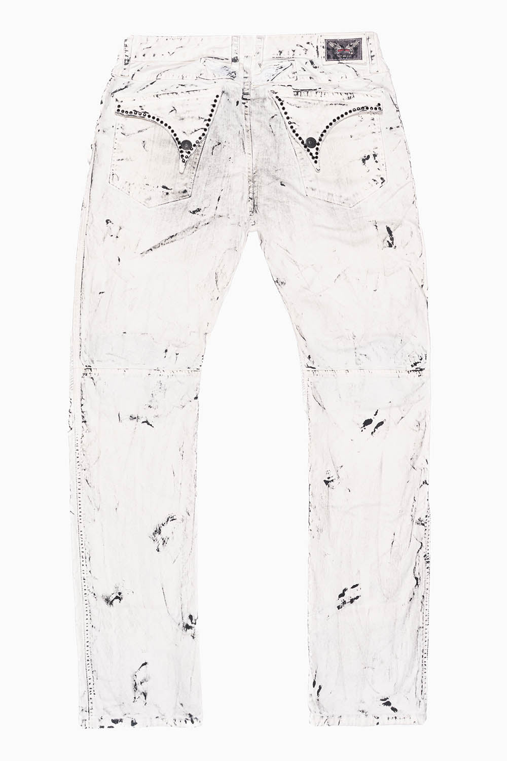 MILITARY/BIKER LONG FLAP SKINNY JEANS EMBELLISHED WITH BLACK CRYSTALS IN SPACE DYE WHITE WASH