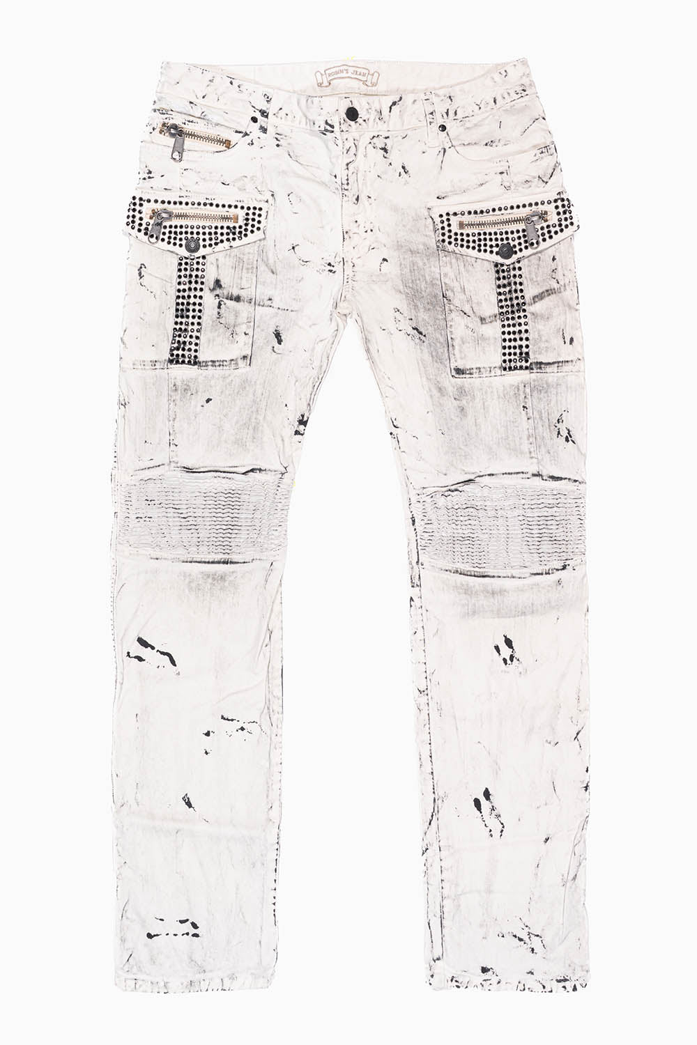 MILITARY/BIKER LONG FLAP SKINNY JEANS EMBELLISHED WITH BLACK CRYSTALS IN SPACE DYE WHITE WASH