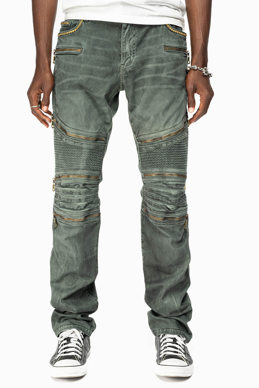 MEN'S BIKER SLIM JEANS IN DUSTY GREEN WASH WITH EMBELISHMENT