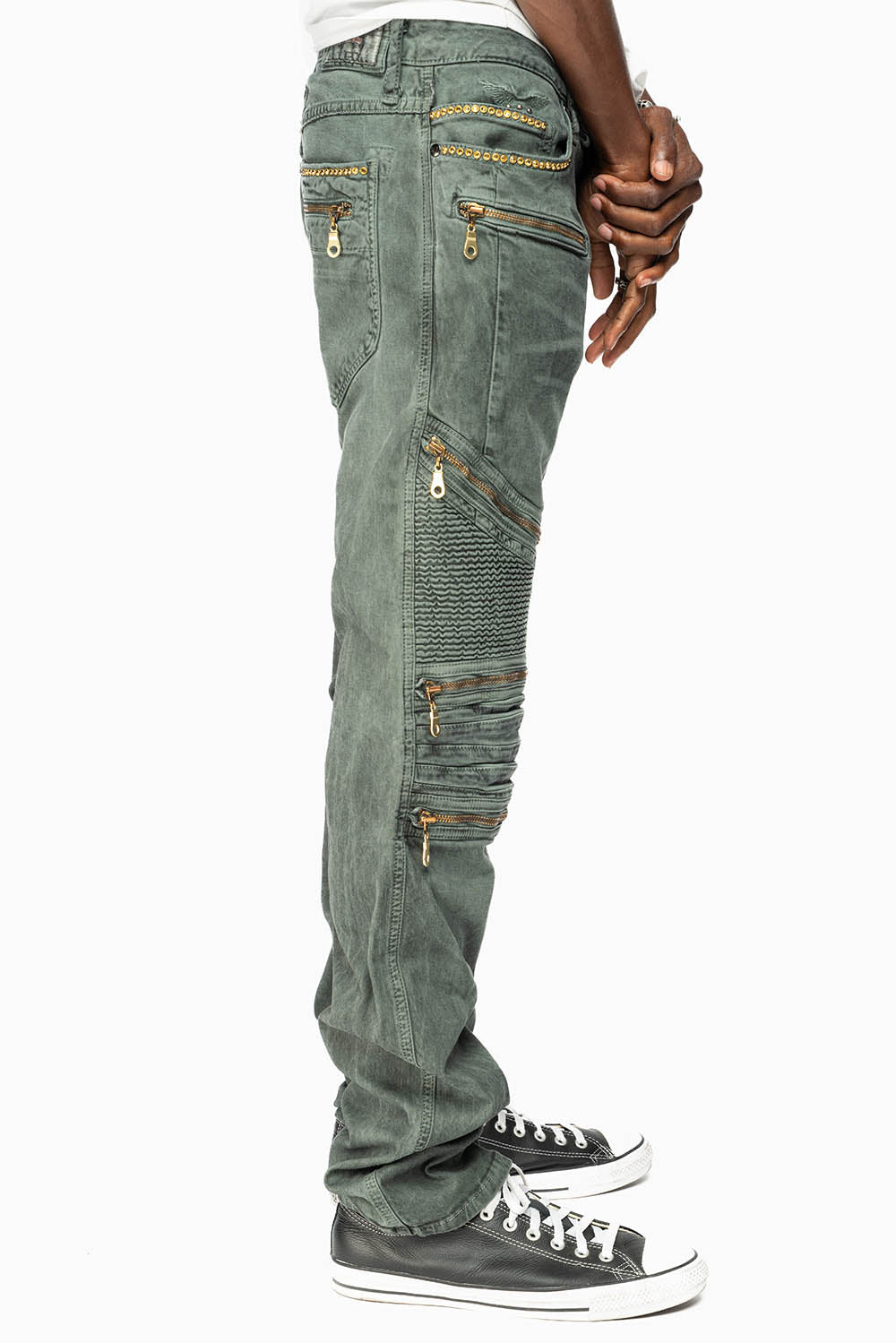 MEN'S BIKER SLIM JEANS IN DUSTY GREEN WASH WITH EMBELISHMENT