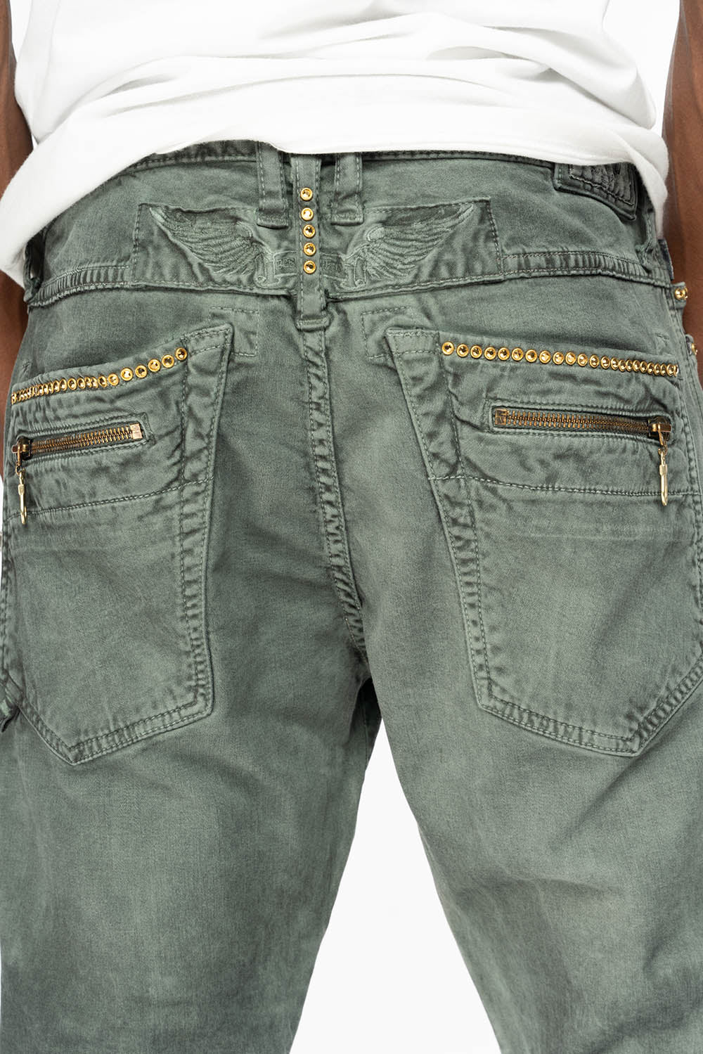 MEN'S BIKER SLIM JEANS IN DUSTY GREEN WASH WITH EMBELISHMENT