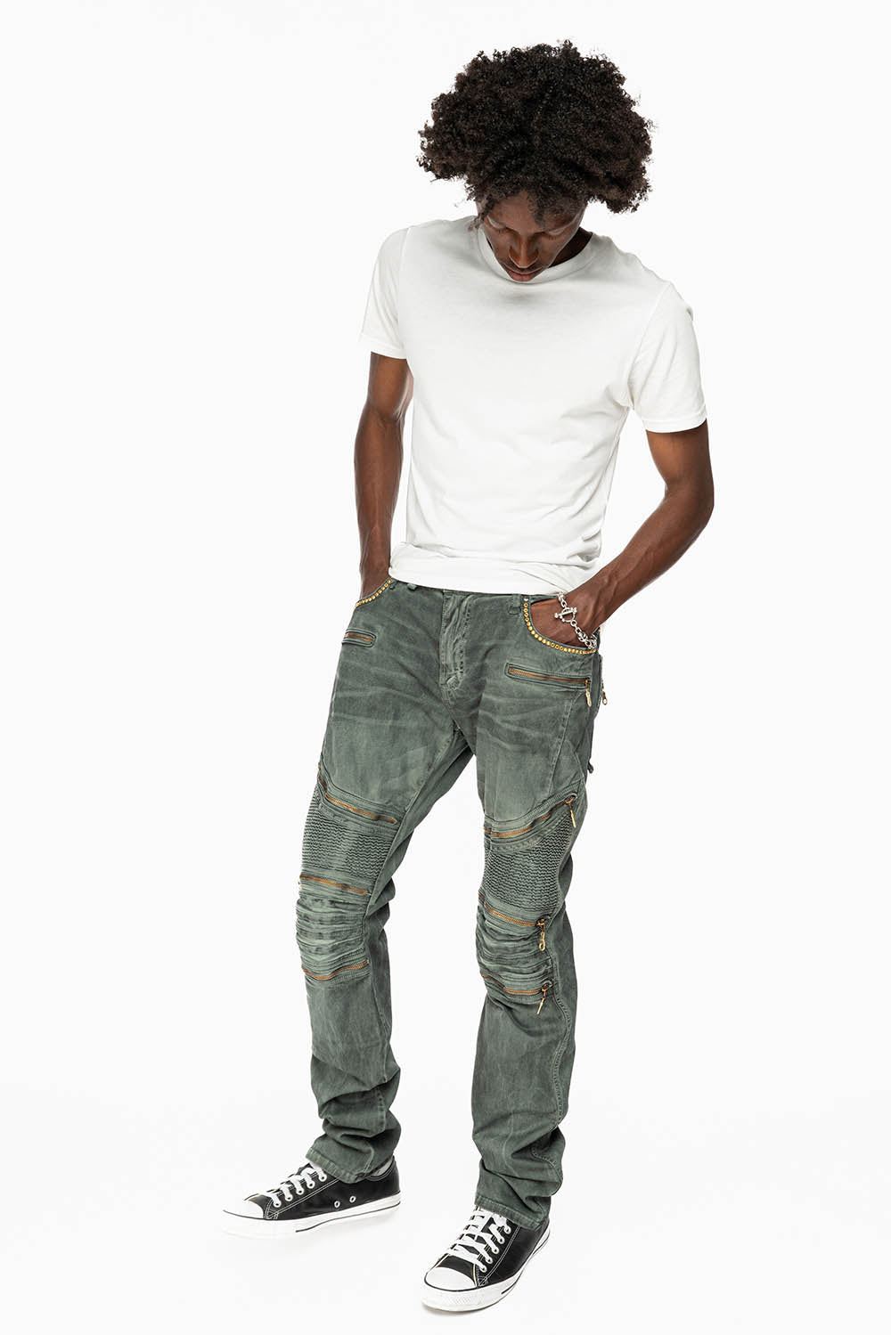 MEN'S BIKER SLIM JEANS IN DUSTY GREEN WASH WITH EMBELISHMENT