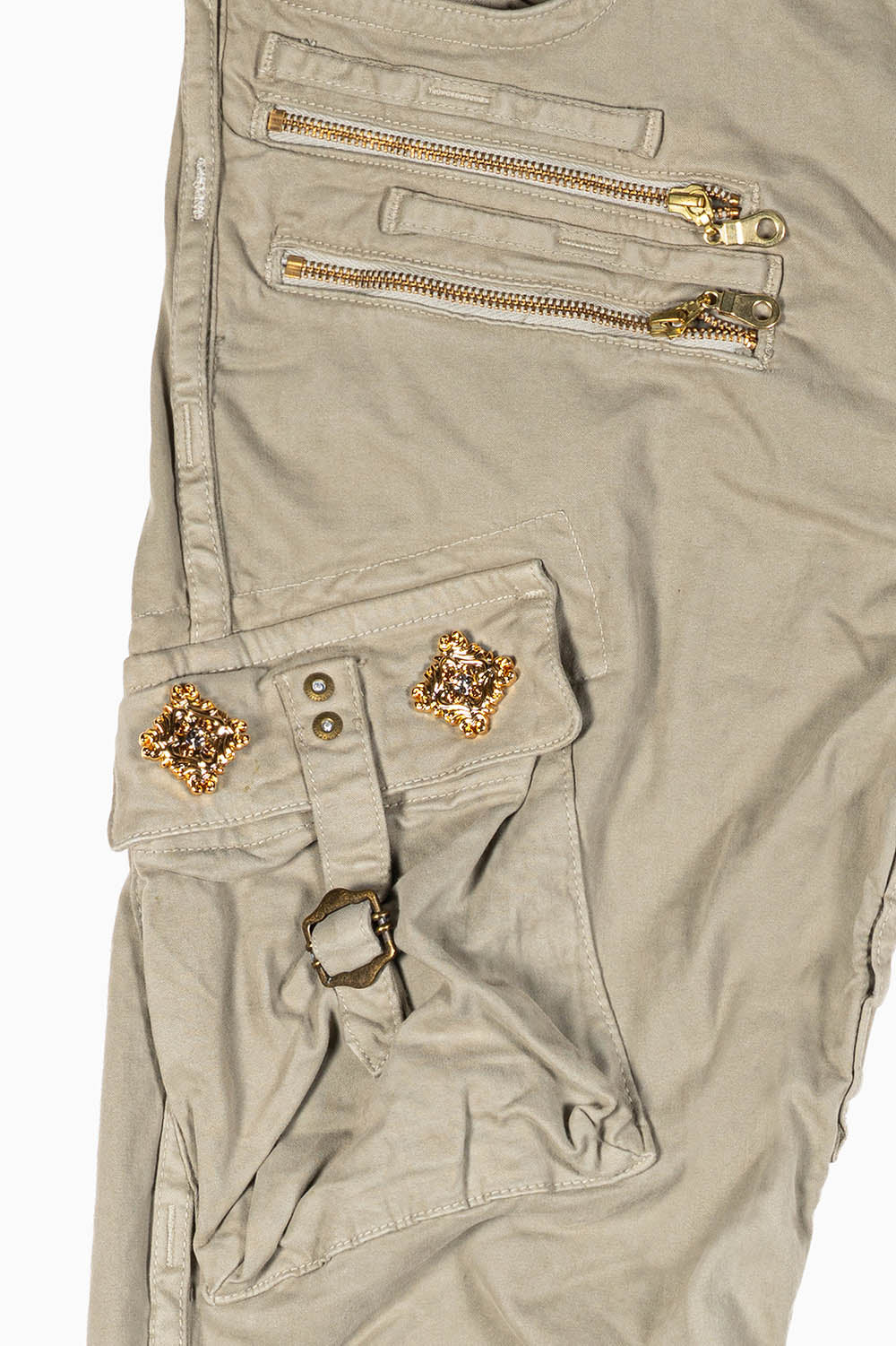 RAPTOR MILITARY STYLE CARGO JEAN IN KHAKI WITH GOLD BROOCH EMBELISHMENT