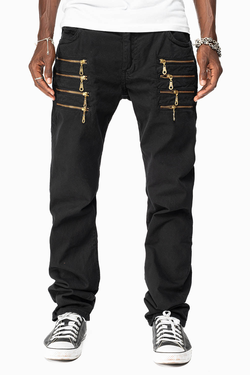 MENS MOTORCYCLE ZIPPER SLIM JEANS IN BLACK WITH STUDS AND CRYSTALS