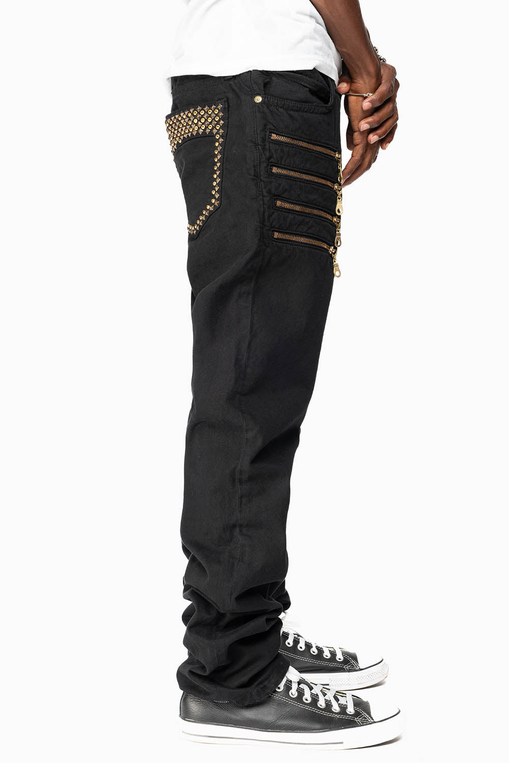 MENS MOTORCYCLE ZIPPER SLIM JEANS IN BLACK WITH STUDS AND CRYSTALS