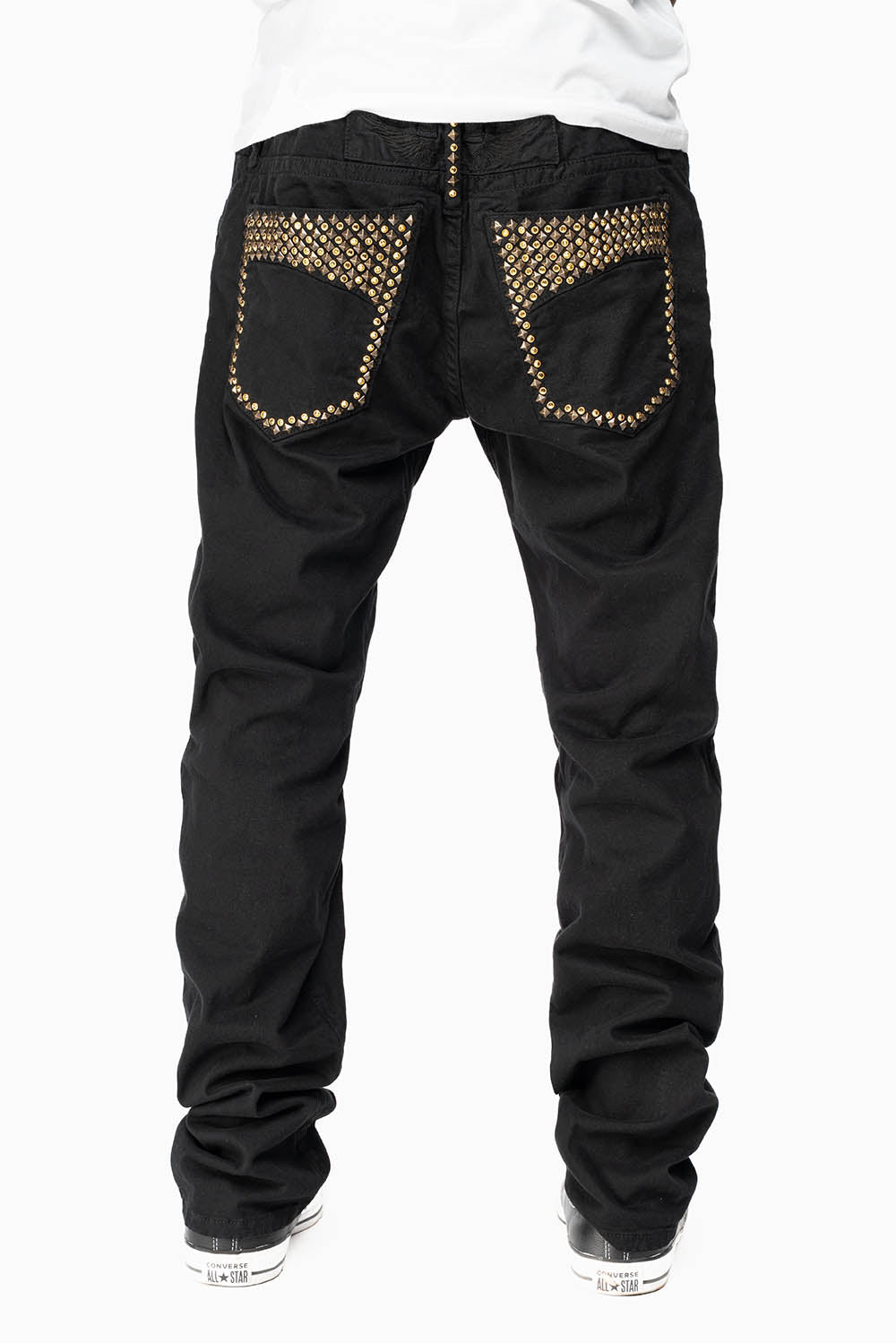 MENS MOTORCYCLE ZIPPER SLIM JEANS IN BLACK WITH STUDS AND CRYSTALS