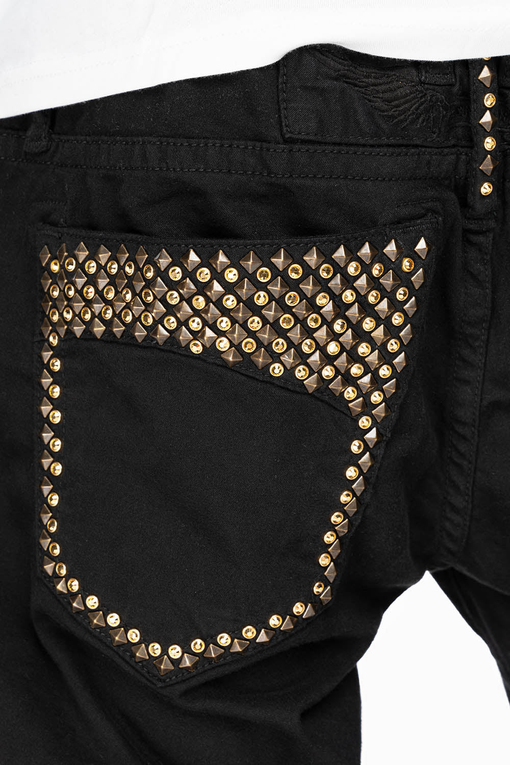 MENS MOTORCYCLE ZIPPER SLIM JEANS IN BLACK WITH STUDS AND CRYSTALS