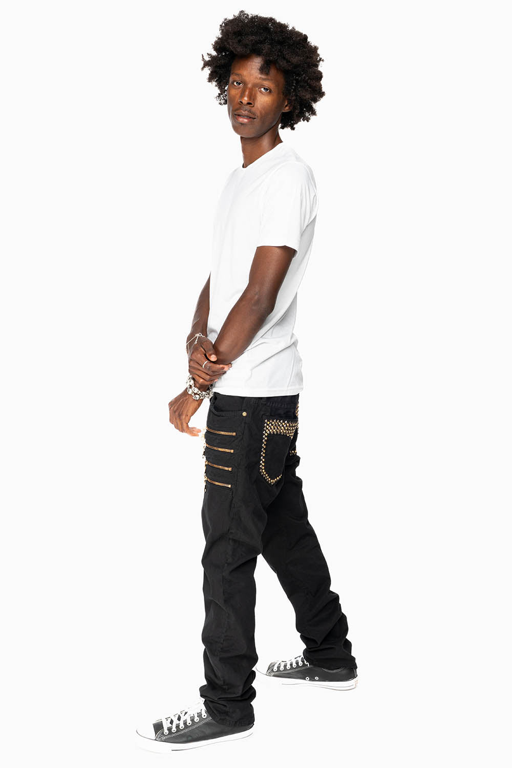 MENS MOTORCYCLE ZIPPER SLIM JEANS IN BLACK WITH STUDS AND CRYSTALS