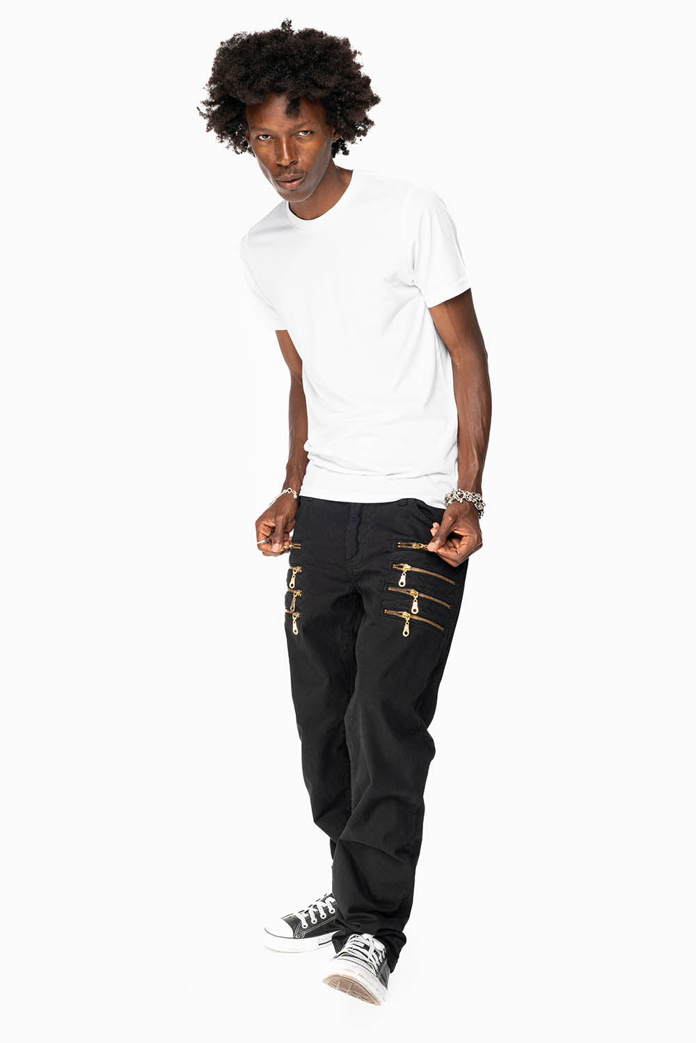 MENS MOTORCYCLE ZIPPER SLIM JEANS IN BLACK WITH STUDS AND CRYSTALS