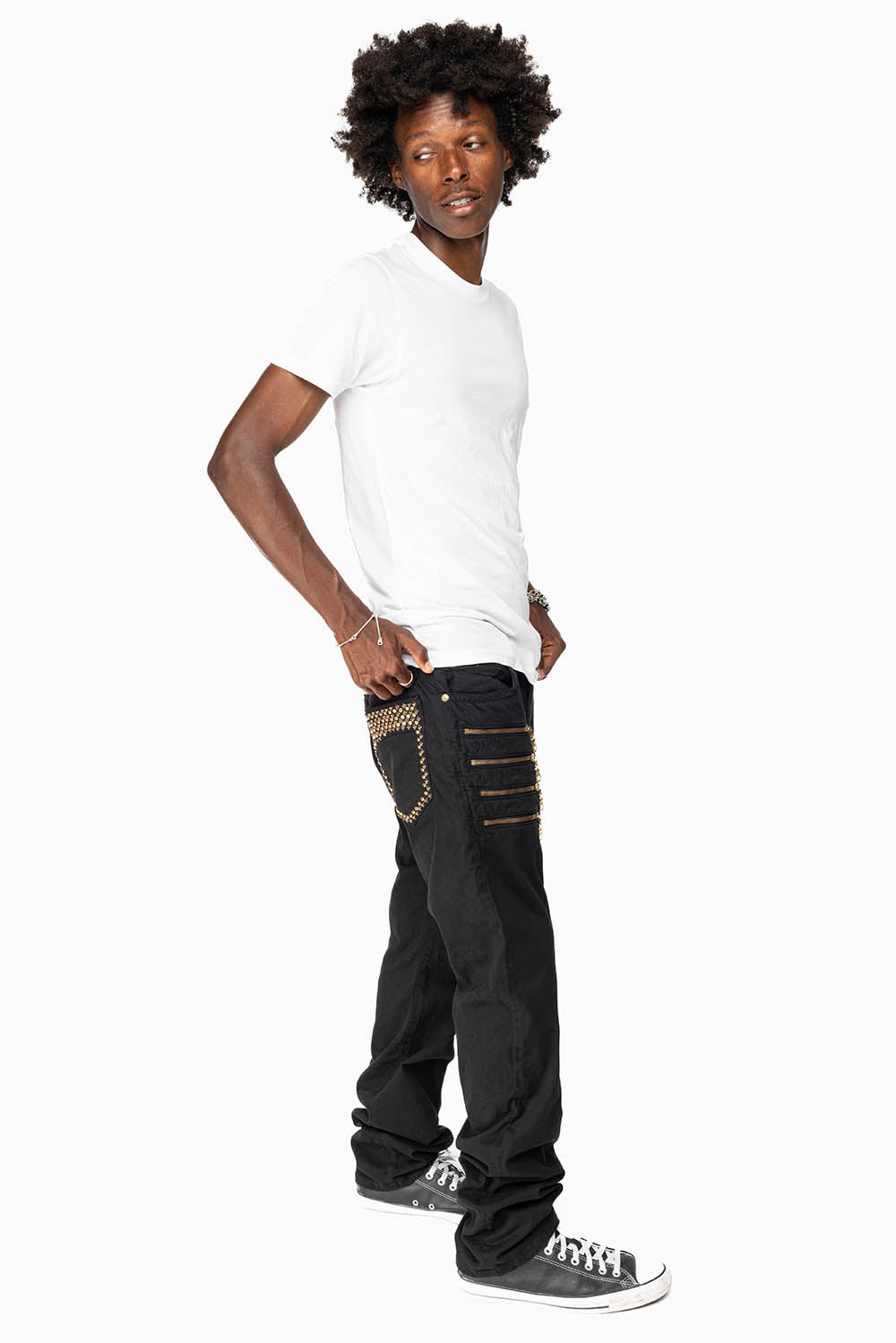 MENS MOTORCYCLE ZIPPER SLIM JEANS IN BLACK WITH STUDS AND CRYSTALS