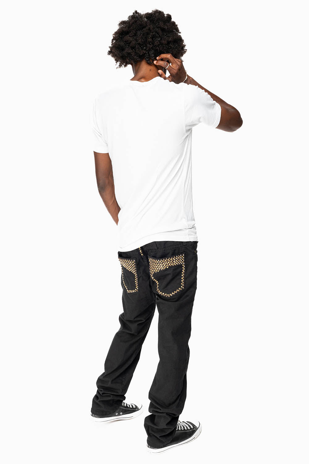 MENS MOTORCYCLE ZIPPER SLIM JEANS IN BLACK WITH STUDS AND CRYSTALS