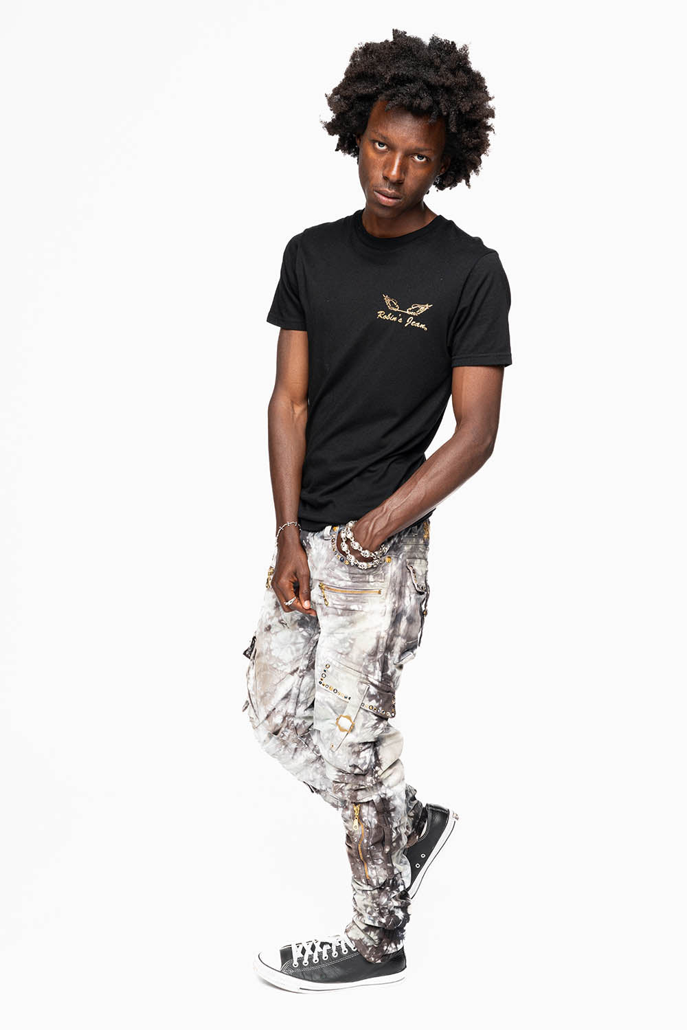 MILITARY STYLE CARGO PANTS IN BLACK UNIVERSE TIE DYE EMBELLISHED WITH CRYSTALS