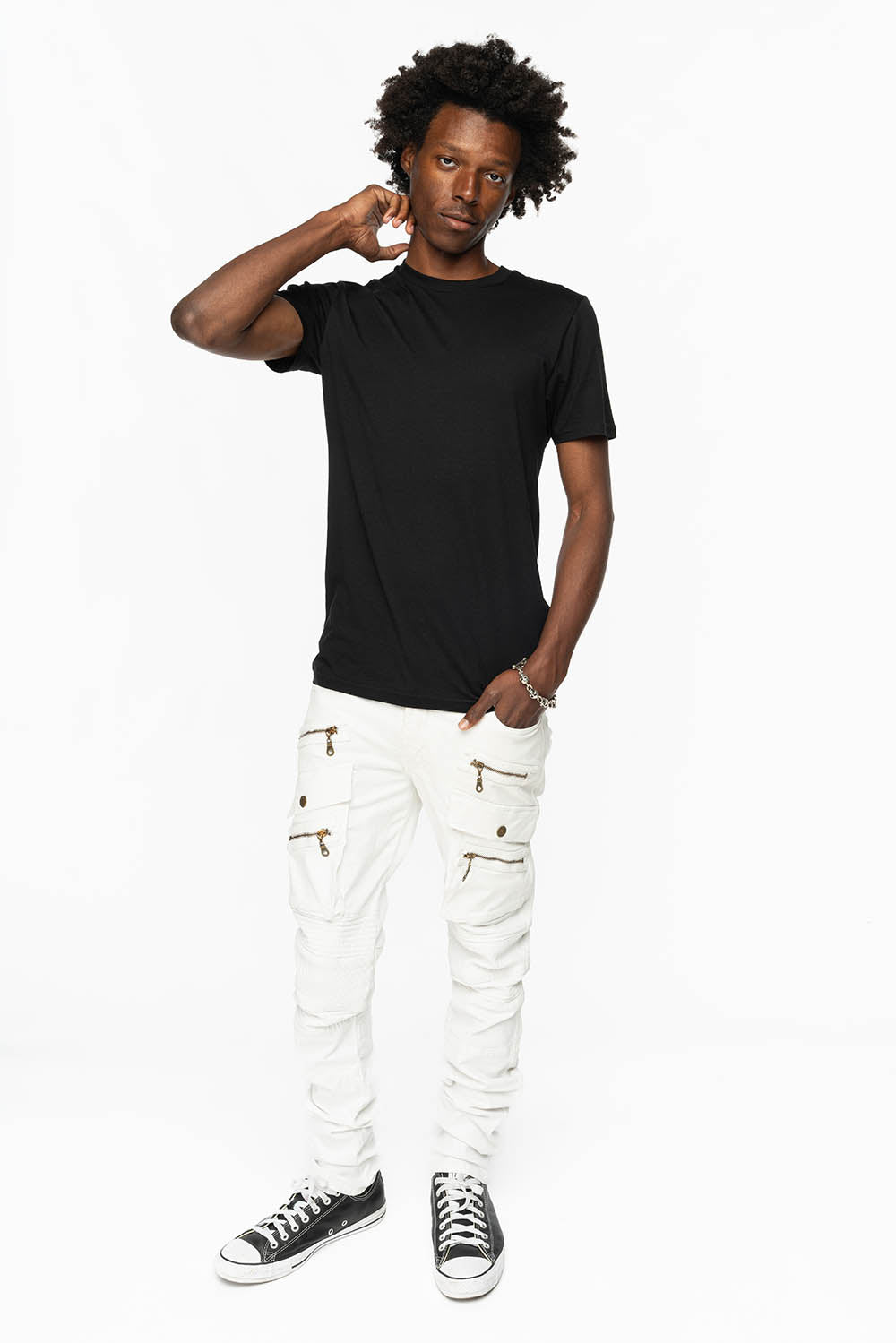 MENS MOTO BIKER JEANS WITH UTILITY POCKETS IN WHITE