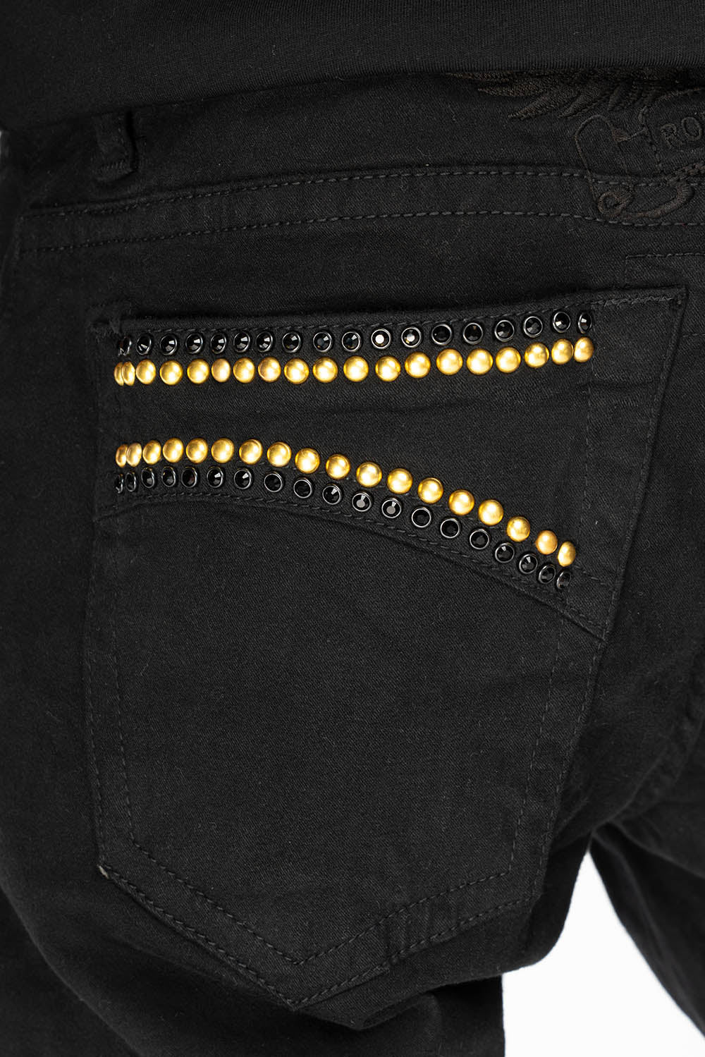 CLASSIC STRAIGHT LEG JEANS IN BLACK WASH EMBELLISHED WITH STUDS & CRYSTALS