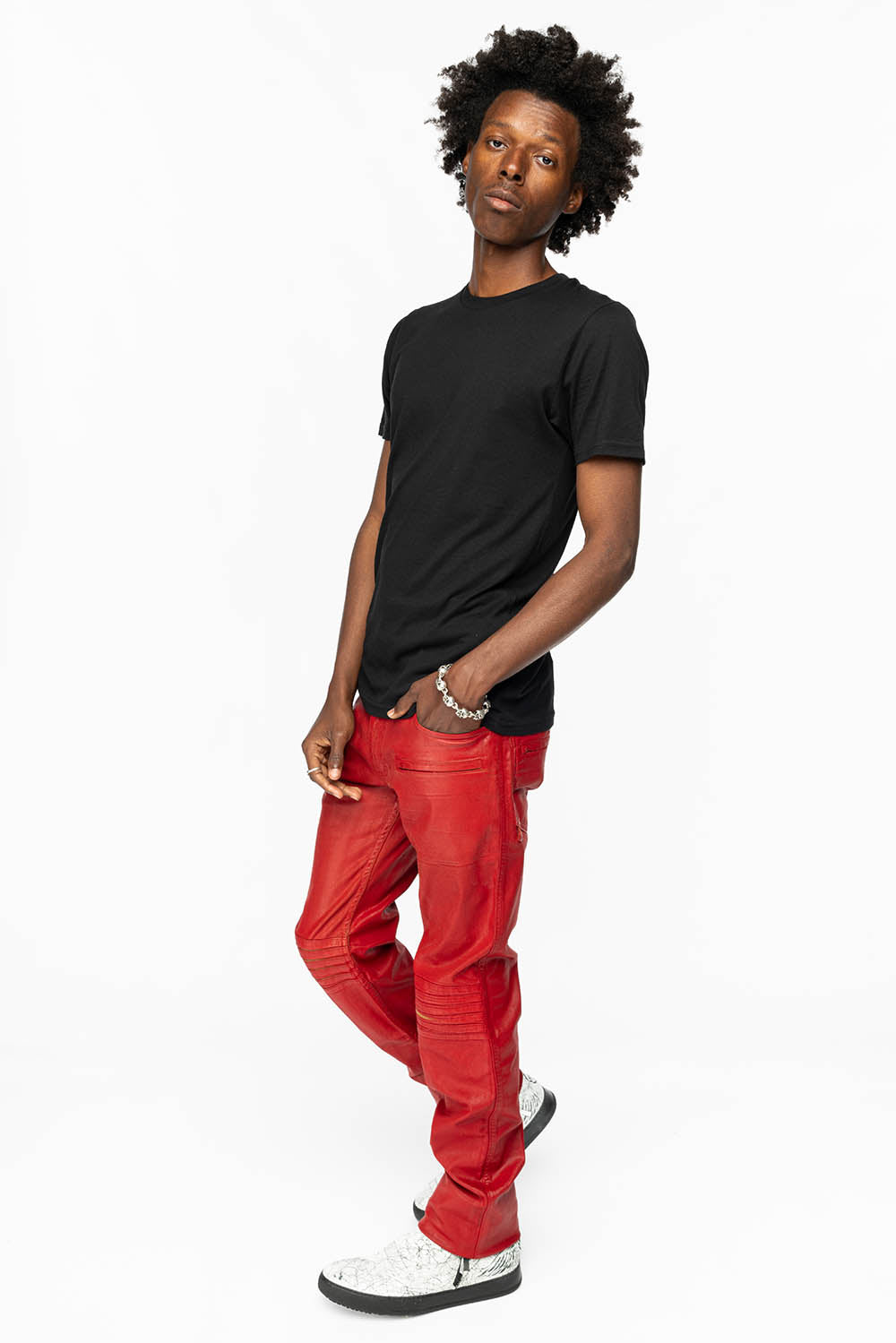 MENS MOTO BIKER JEANS IN SPECIAL RED WASH WITH COATING