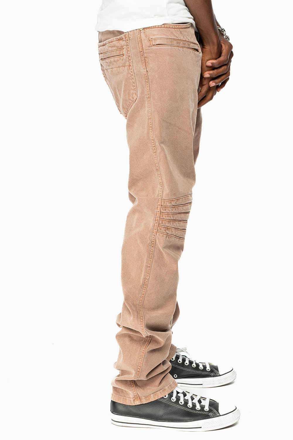 MENS MOTO BIKER JEANS IN KHAKI WASH